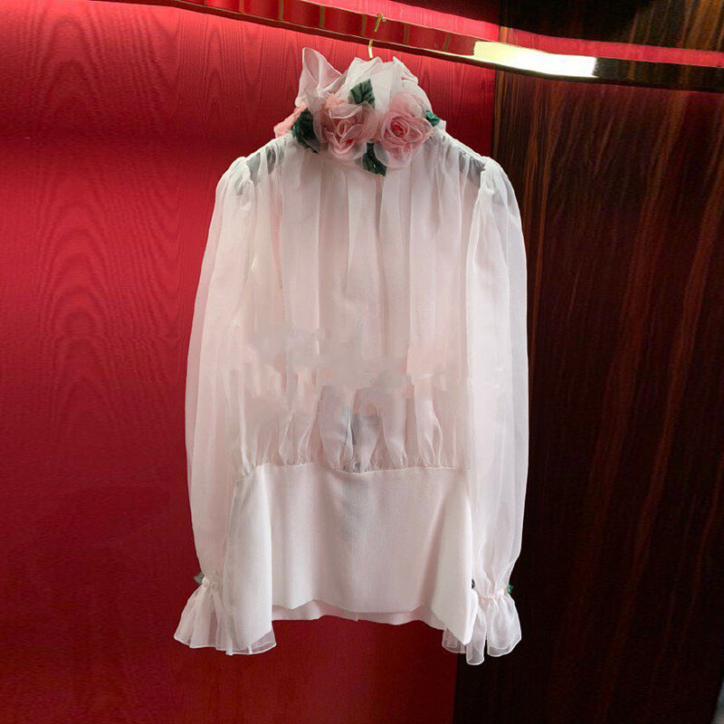Женская блузка для подиума, весна-лето 2020, шифоновая рубашка с длинными рукавами с аппликацией розы и оборками