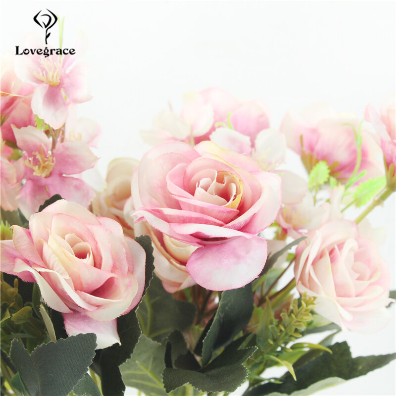 Flores artificiais de rosa outono peônia pequena, flor falsa de seda hortência, rosas brancas para casamento, decoração de jardim para casa