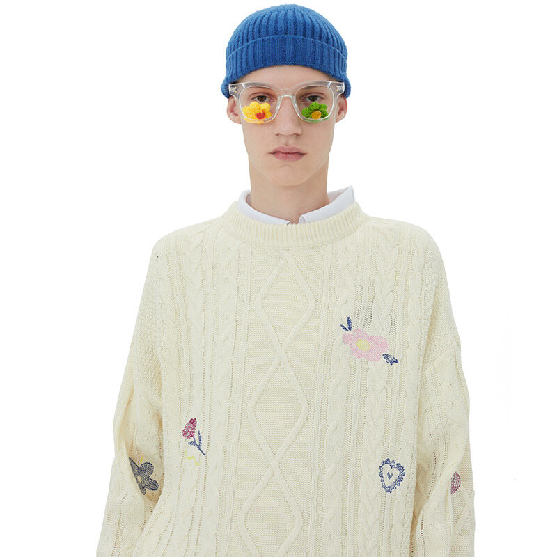 Pull tricoté en Jacquard pour hommes, pull tricoté, Style jeune étudiant, Chic, brodé de fleurs, décontracté, hiver, 1338