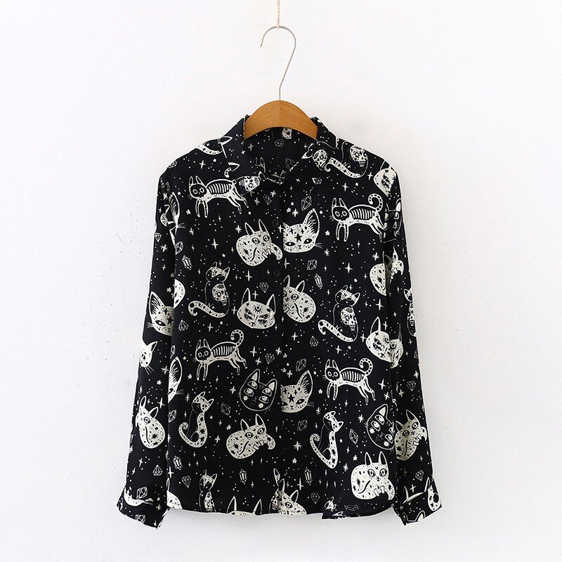 Women Harajuku Shirt kitten Print Autumn Long Sleeve Tops and Blouses Office Lady Long Sleeve White Black Blouses