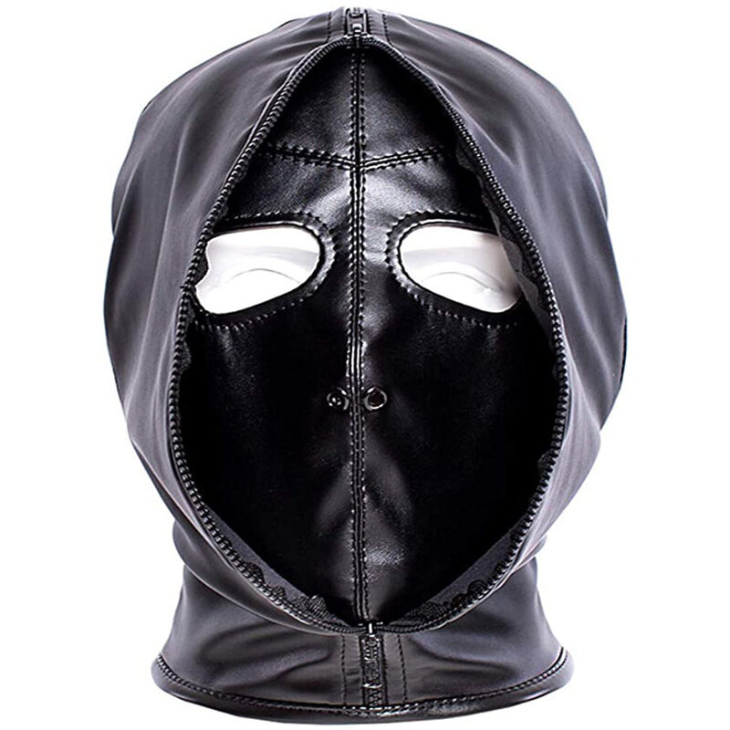 Leather Hood Eye Mask, Black Mysterious Cosplay Lace Up Mask Full Face Headgear,Terror Masquerade Party Dance Performance