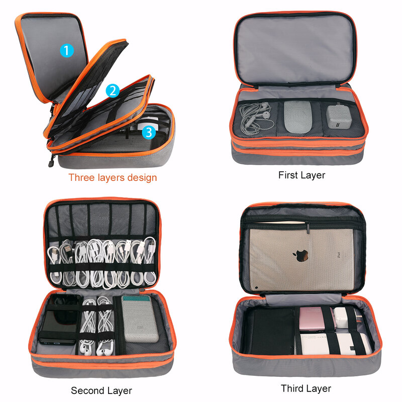 Сумка-Органайзер для кабелей, 3-х слойная вместительная сумка для кабелей, SD-карт, зарядных устройств, внешнего аккумулятора, планшета