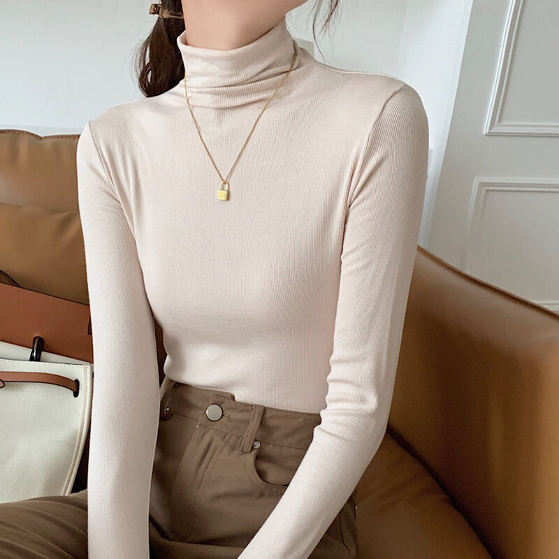 Musim Gugur Korea Fashion Wanita Sederhana Setengah Turtleneck Sweter Dasar Primer Pullover 2022 Wanita Kasual Semua Cocok Atasan Lengan Panjang
