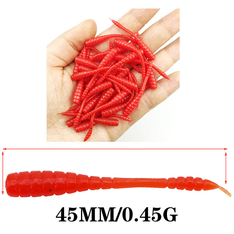 50pcs Smell Red Worm soft bait Lifelike Simulation Fishing lure 45mm Artificial Shrimp flavor Silicone baits Bass Fishing Takcle