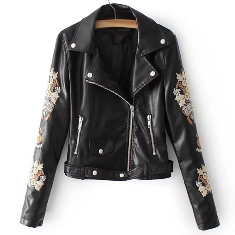Embroidery faux leather PU Jacket Women Spring Autumn Fashion Motorcycle Jacket Black faux leather coats Outerwear 2019 Coat HOT