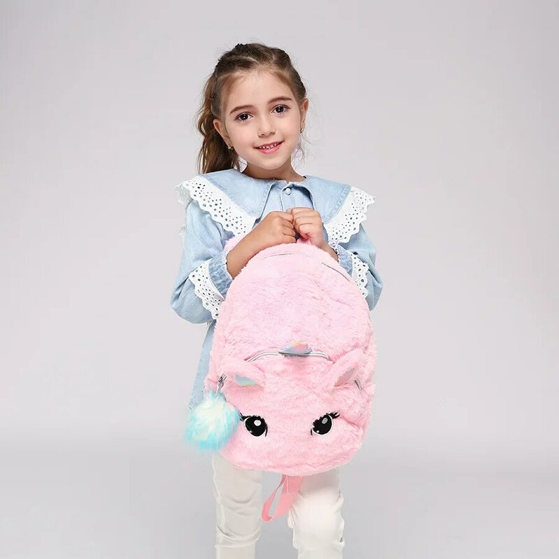 Bonita mochila escolar de unicornio de dibujos animados para niñas, mochila de felpa suave para niños, bolsa de juguetes para aperitivos de viaje para bebés, jardín de infantes
