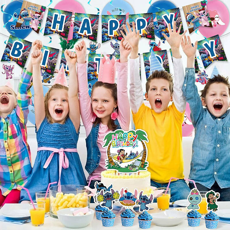 Suministros de fiesta de cumpleaños de Lilo Stitch, plato de papel  desechable, pancarta, fondo de globo para niños, decoración de fiesta de  cumpleaños, Baby Shower