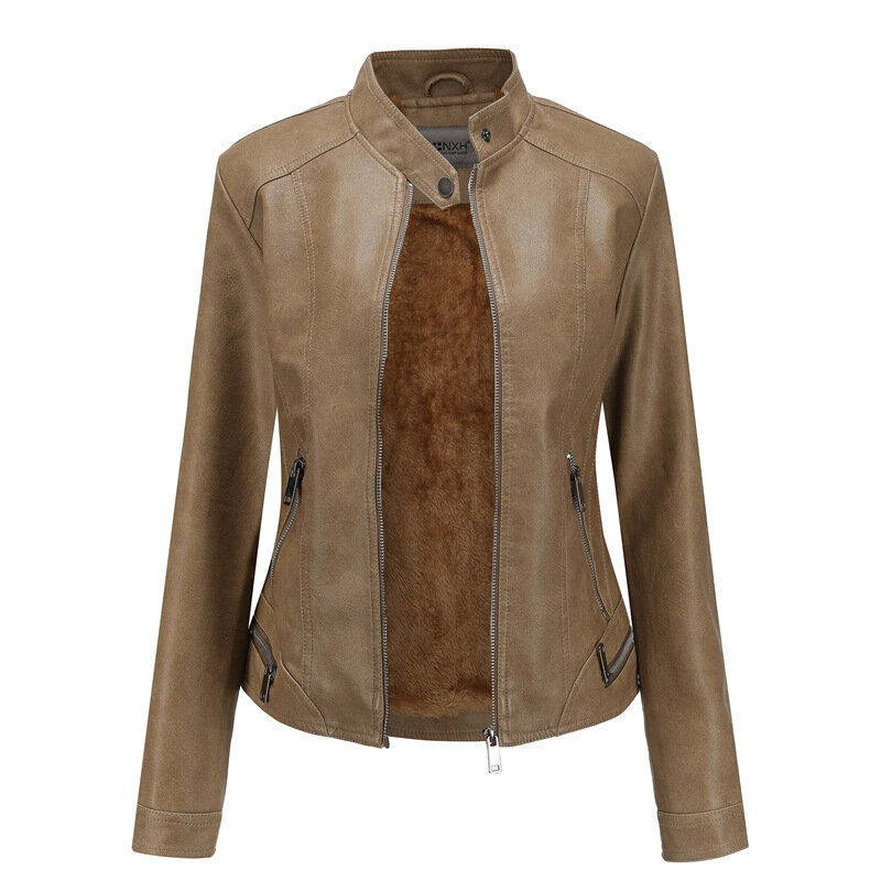 Женская куртка из искусственной кожи, осенне-зимняя теплая флисовая мотоциклетная куртка на молнии из кожзаменителя в стиле ретро