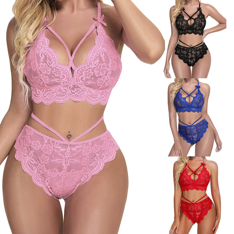 2Pcs Women Lingerie Set Solid Color Crochet Sheer Push-Up Bra + Middle Waist Strappy Panty Suit for Girlfriend or Wife