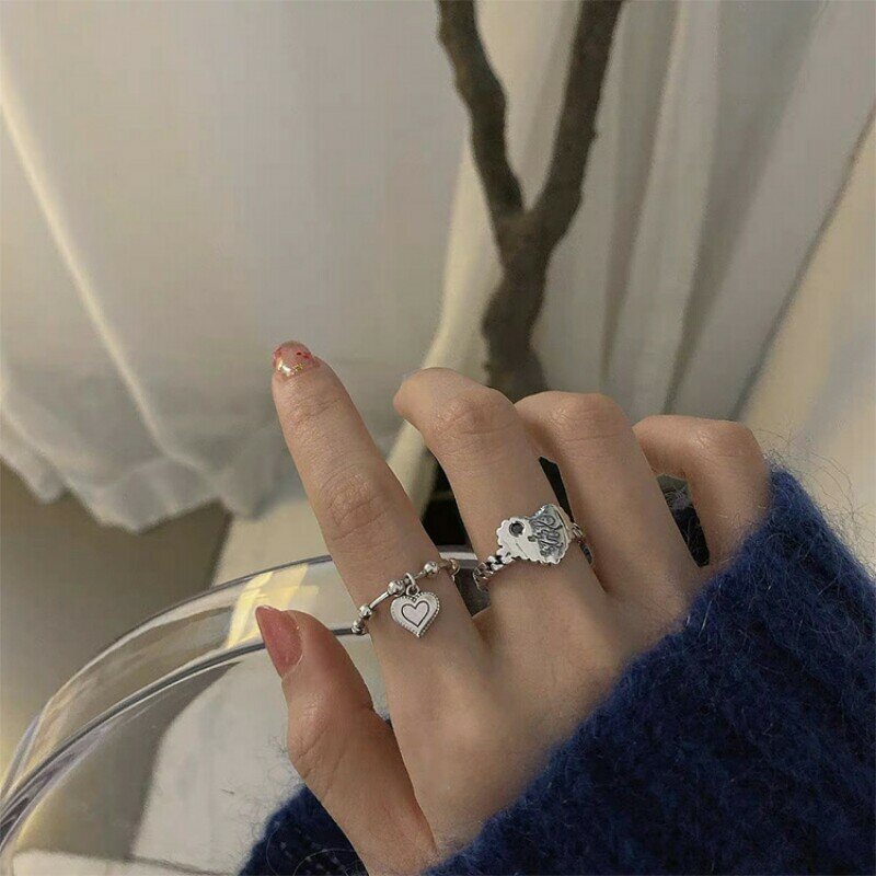 925 Sterling Silver New Simple Design Rings Heart Tassel Shape Retro Distressed Opening Handmade Ring Fashion Fine Jewelry
