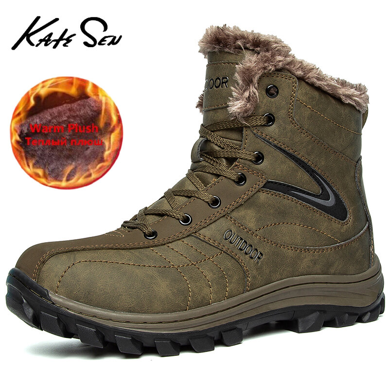 KATESEN 2021 New Fashion Winter Men Boots Comfortable Warm Plush Snow Boots Casual Outdoor High Top Fur Hiking Shoes Big Size