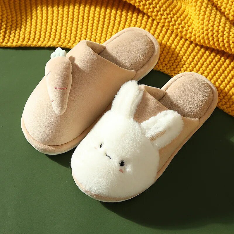 Cute Cartoon Rabbit Fur Slippers para homens e mulheres, sapatos de algodão quente, Winter House, Furry Slides, Indoor Bedroom, Lovers, Women