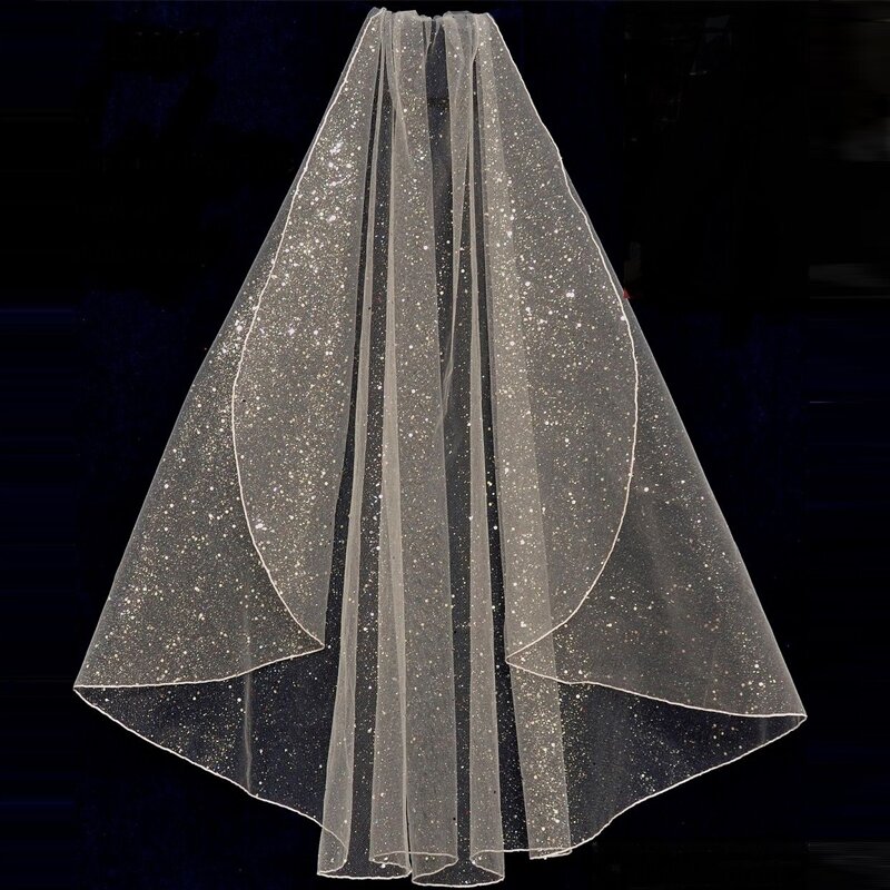 B62 Champagne Wedding Veil Bridal Veils Pencil Edge Single Tier Sparkly White Sequined Wedding Veil With Comb velo de novia