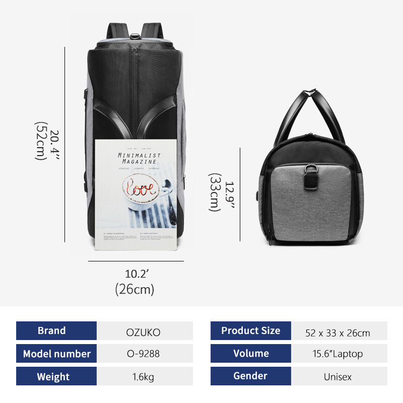OZUKO-bolsa de viaje multifunción para hombre, bolso de equipaje de gran capacidad, impermeable, para viaje, zapatos de bolsillo