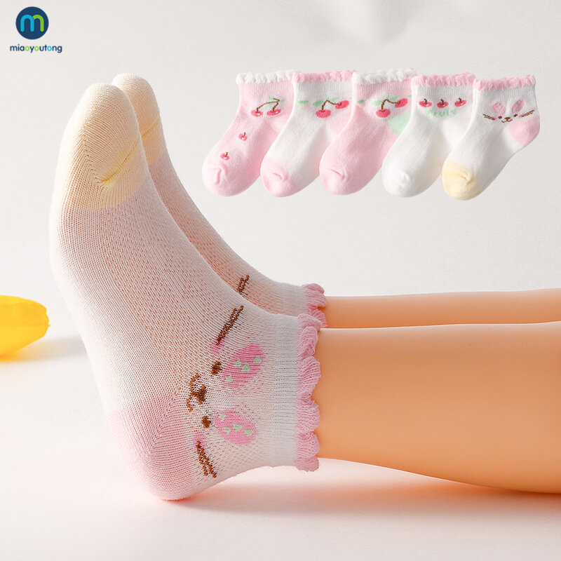 Miaoyoutong-Meias de malha fina para bebês meninos e meninas, meias de tubo infantil, meias curtas recém-nascidas, animal fofo, primavera, verão, 5 pares por conjunto