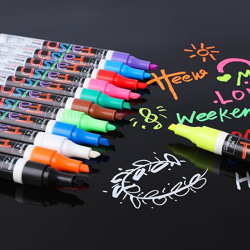 هايلي 12 قطعة السائل الطباشير أقلام خطاط (ماركر) قابل للمسح فسفورية القلم LED متعددة لوح كتابة نوافذ من الزجاج السبورة أقلام تلوين أقلام خطاط (ماركر)
