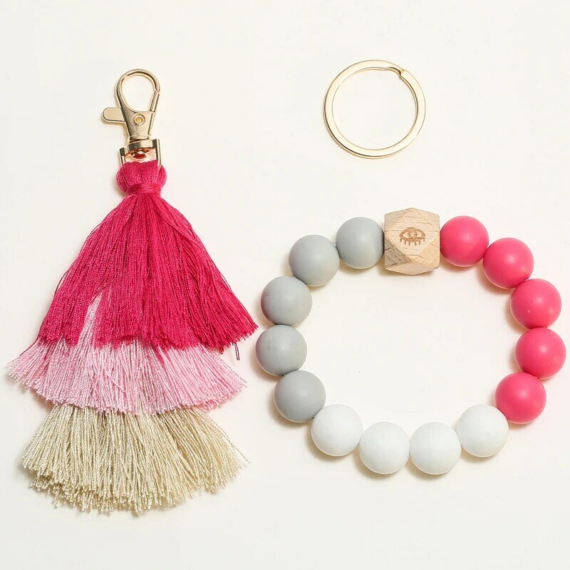 Colorful Silicone Beads Keychain for Women Multilayer Tassel Bracelet Keychain Keyring Jewelry Accessories
