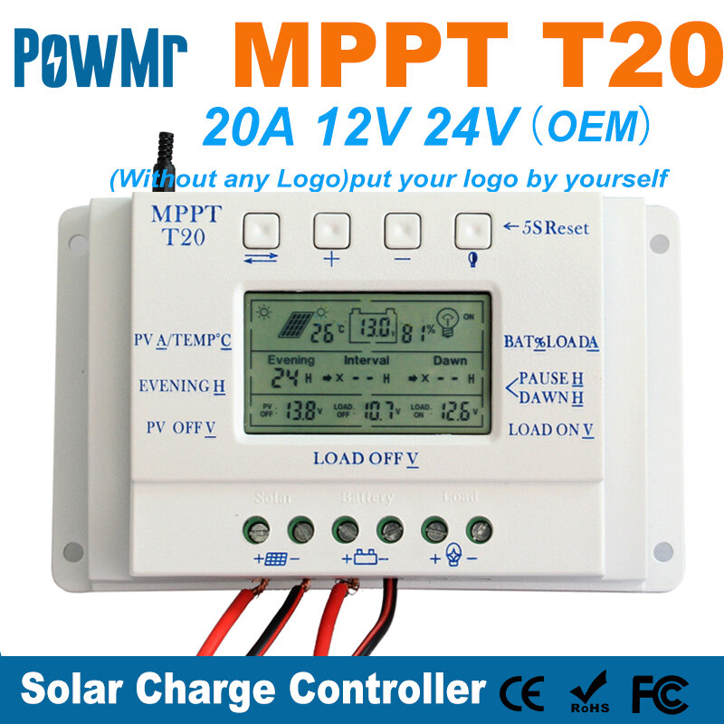 OEM شاشة الكريستال السائل 20A MPPT 12 فولت/24 فولت الواح البطاريات الشمسية منظم جهاز التحكم في الشحن دون أي شعار على سطح T20 LCD بالجملة