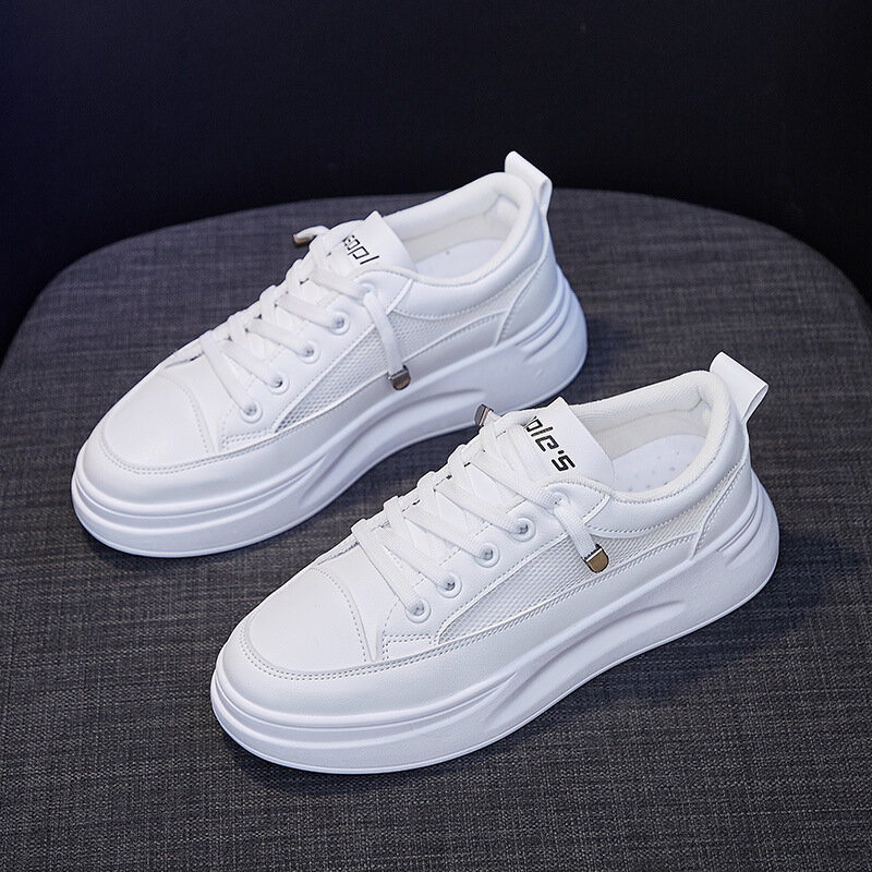 Women's Leather Shoes 2020 Summer New Flat Sports Shoes Casual Shoes White Platform Shoes Mesh Breathable Sneakers Personality