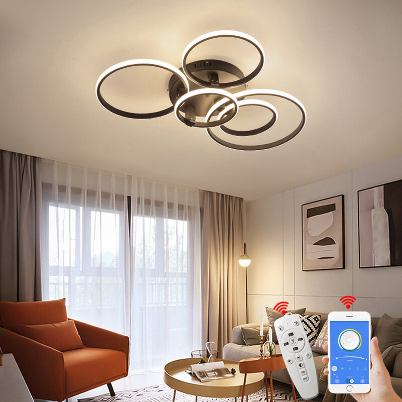 Smart Home Alexa Moderne Led Kroonluchter Lamp Rc Dimbare App Cirkel Ringen Voor Woonkamer Slaapkamer Plafond Kroonluchter Armaturen