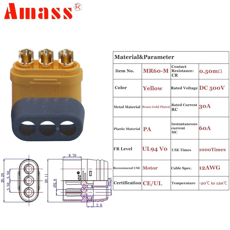 Amass-MR60 MR 60 Conector Masculino à Prova de Fogo de Três núcleos com Bainha 3.5mm, Latão Banhado a Ouro para Lipo ESC RC Modelo, 5 Pares por Lote