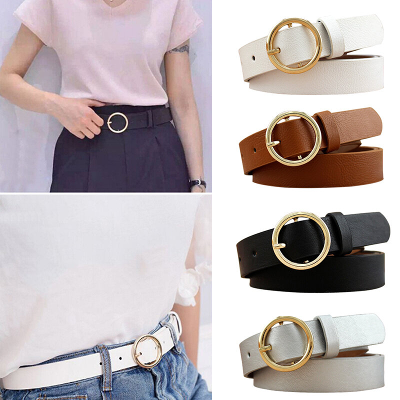 Female Round Metal Circle Belt Black White PU Leather Waist Belts For Women Jeans Pants