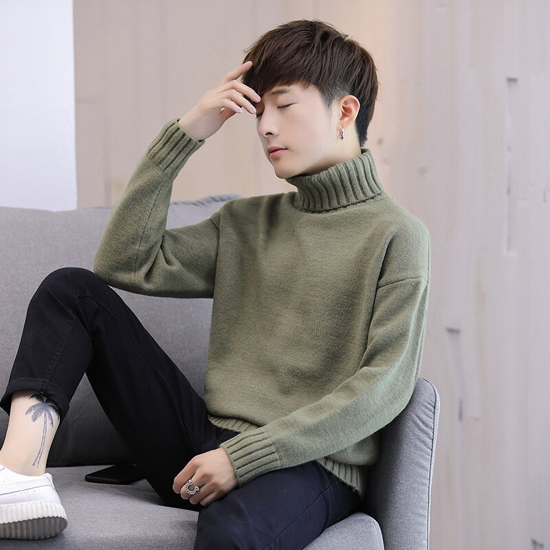 Musim Dingin Pria Baru Turtleneck Sweater Korea Rajut Kemeja Pria Youth Turtleneck Sweater Kemeja Warna Solid