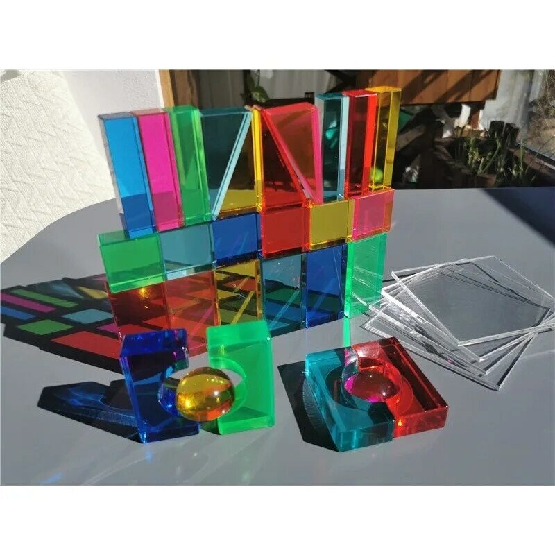 어린이 무지개 루사이트 아크릴 큐브 쌓기 기하학적 블록, 높은 투명 삼각형 직사각형 장난감