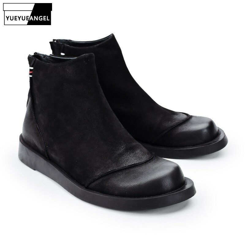 Botas de trabalho do vintage homens estilo britânico moda dedo do pé redondo zip tornozelo sapatos 100% couro real alta superior botas militares preto cáqui