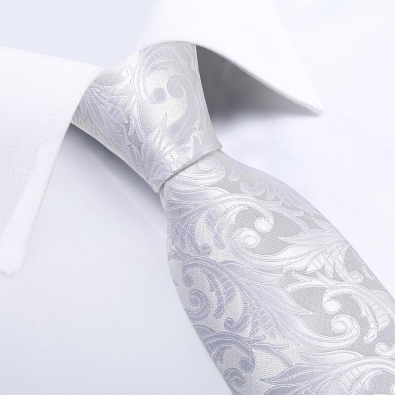DiBanGu Mens Necktie White Solid Paisley Design Silk Wedding Tie For Men Tie Hanky Cufflink Tie Set Business Party Dropshipping