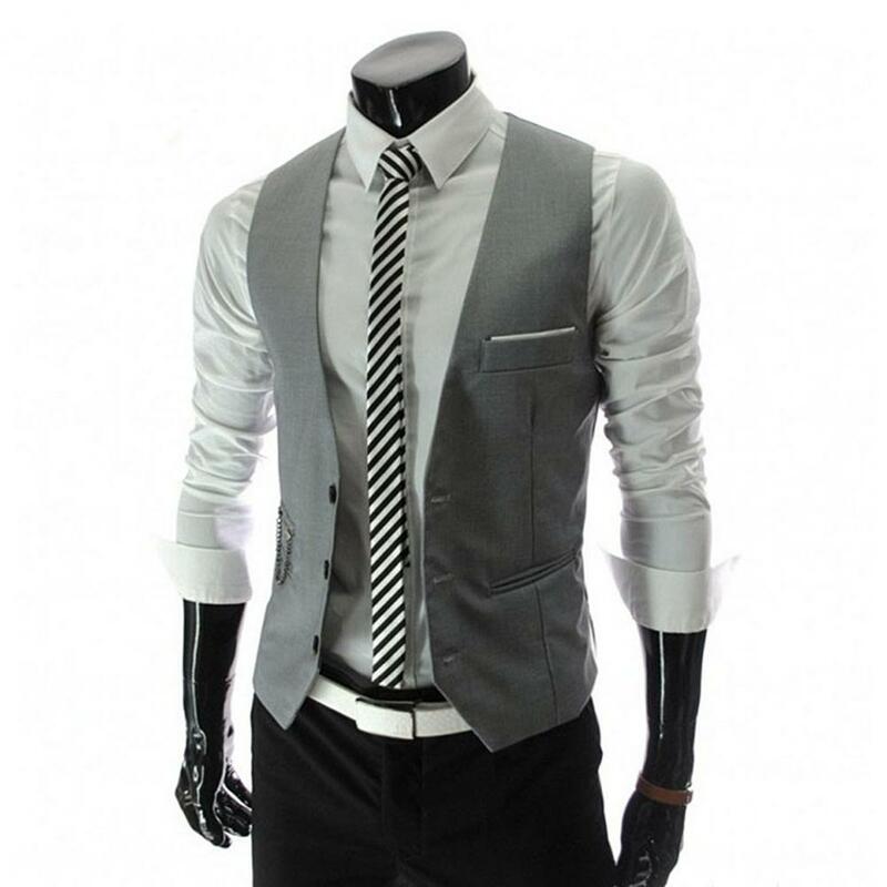 Sleeveless Pockets Simple Suit Vest Solid Color Men Formal Business Vest Workwear