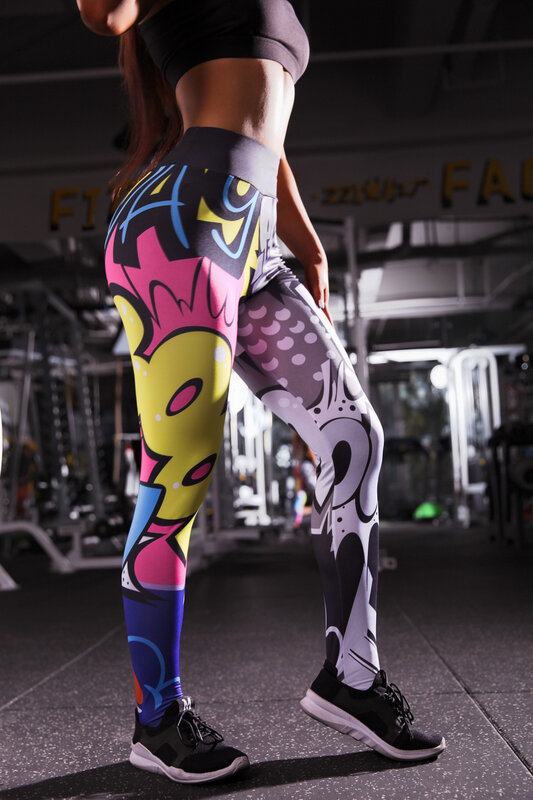 Impresso boom running leggings mulheres alta elastic cintura alta collants workout push up quadris calças esportivas fitness gym esportiva
