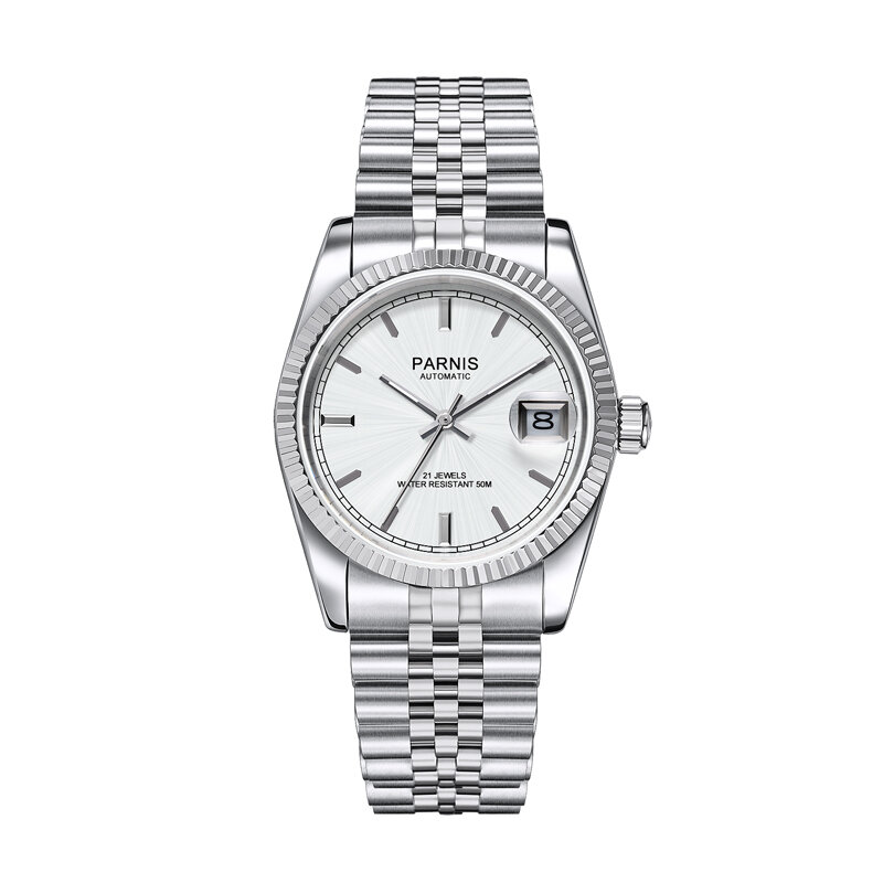 Parnis-reloj de lujo para hombre y mujer, accesorio de pulsera con carcasa plateada de 36mm, calendario mecánico automático, cristal de zafiro, 2022