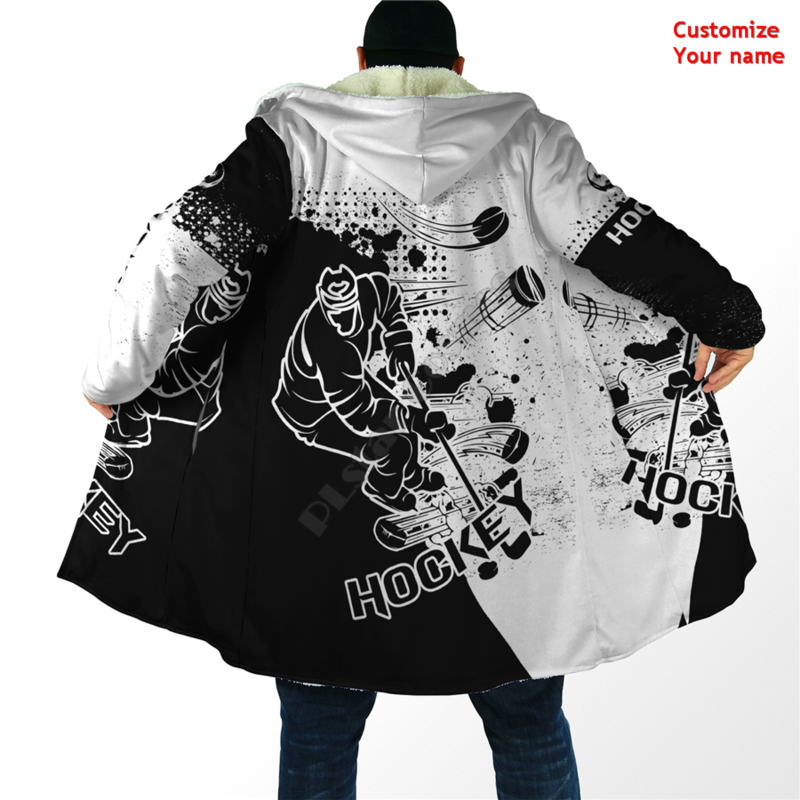Manto De Hóquei No Gelo Nome Personalizado 3D All Over Impresso Hoodie Manto para Homens Mulheres Inverno Fleece Wind Breaker Capa Capuz Quente