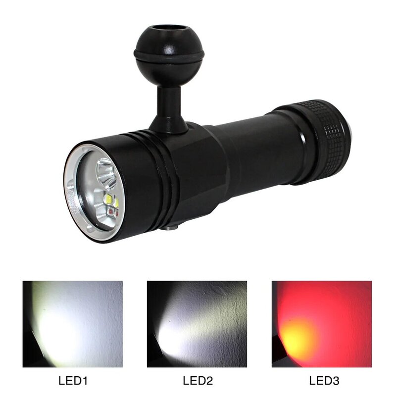 Linterna LED para fotografía y vídeo, luz subacuática impermeable, XM-L2 3x, blanca, 2x XPE, roja, 5 LED, 18650 + cargador