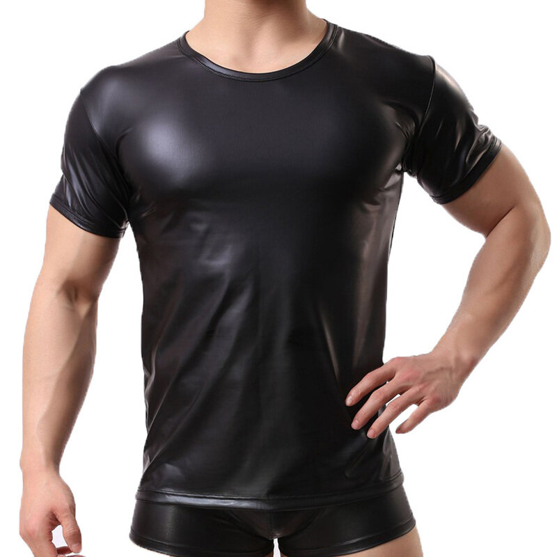 Men Shirts Faux Leather Short Sleeve T Shirts PU Leather Sexy Fitness Tops Gay Latex T-shirt Gay Stage Tee Sexy Party Clubwear