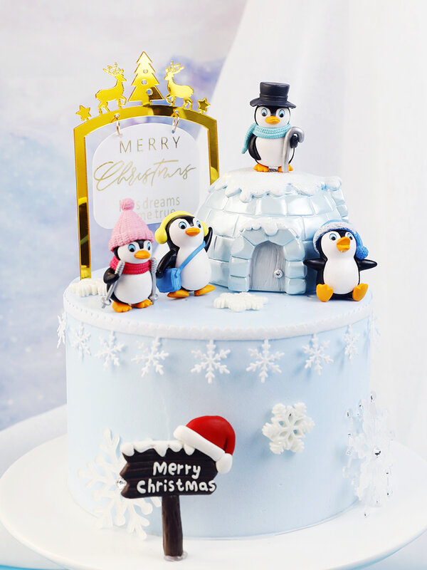 Selamat Natal Topi Syal Musim Dingin Penguin Cake Topper untuk Baby Shower Kepingan Salju Xmas Pesta Kue Dekorasi Makanan Penutup Perlengkapan