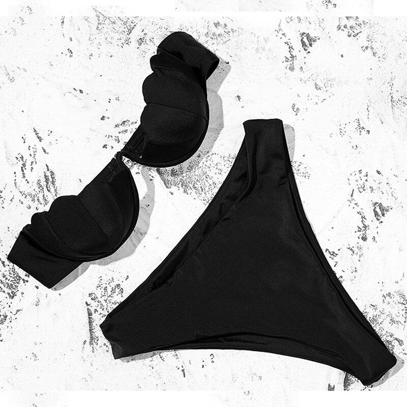 Mossha Shell women's swimsuit solid Bandeau sexy bikini 2020 Push up swimwear Bathing suit Black micro bikini set Two-piece suit