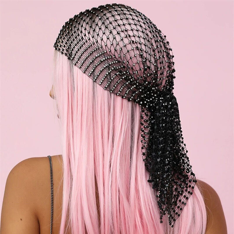 Akyzo Fishnet Plaid Bling Rhinestone Women Head Scarf Hollow Out Patchwork Glitter Crystal Trendy Wild Headband Turban Hair Hat