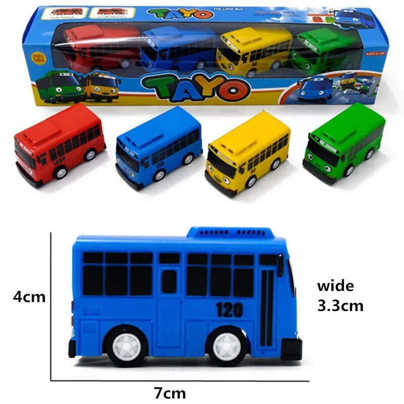 장난감 작은 버스 미니 플라스틱 풀백, 블루, 타요, 레드, 가니, 옐로우, 라니, 그린, 로기 버스 자동차 모델, 아기 선물, 4 개/세트, 신제품