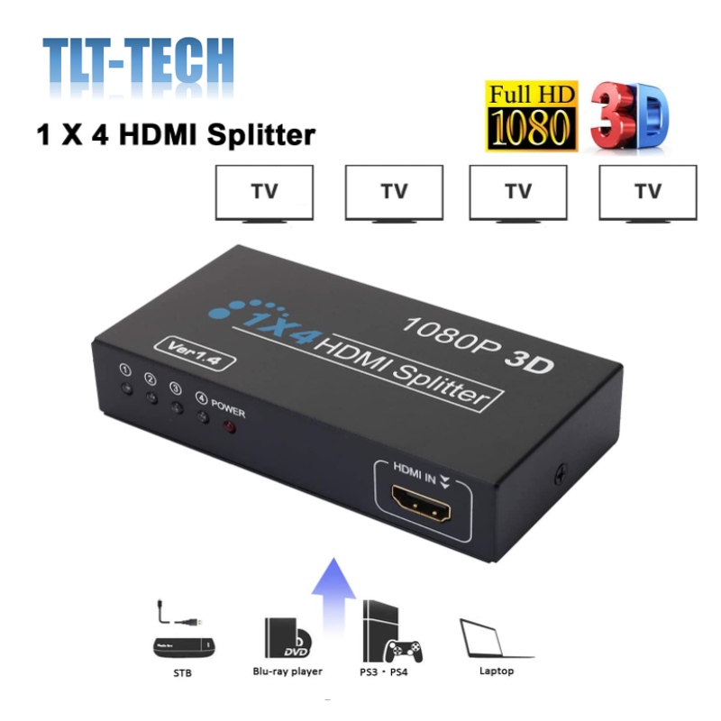 HDMI Splitter 1 in 4 Out 4K Metall HDMI Video Splitter Unterstützt 3D 4K 30Hz Volle Ultra HD 1080P für Xbox PS3/4 HDTV