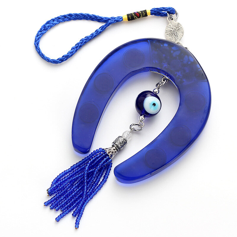 Llavero con forma de herradura para coche, colgante de joyería con cuentas de ojo de búho, color azul