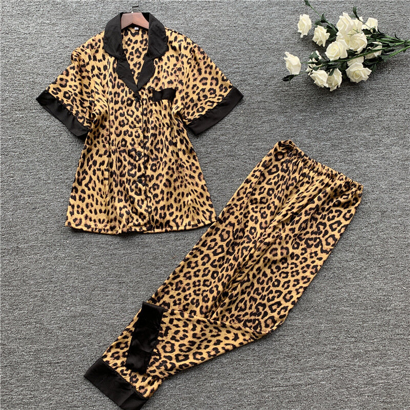 Lisacmvpnel Frühjahr Neue Langarm Pyjamas Frau Eis Seide Mode Leopard Print Sexy Pyjama Set