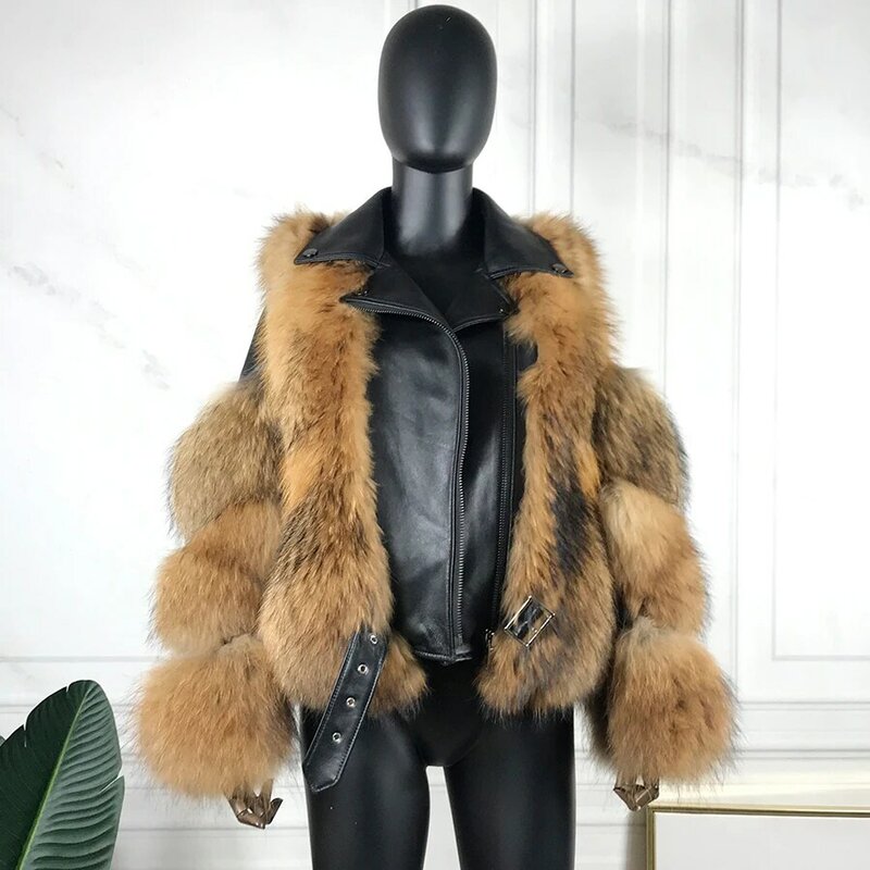Fashion Hooded Fur Coat Jacket Women Real Fur Coat Fox Fur Winter Short Thick Raccoon Fur Jacket Female Fur Coat Natural Fur