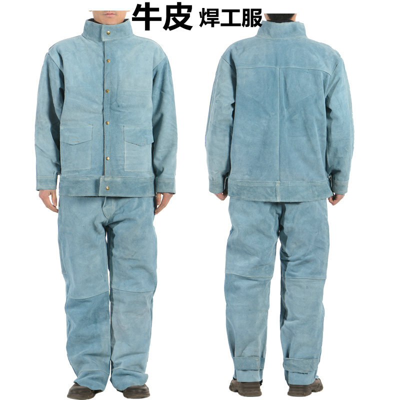 Real Cow Leather Mens Heat-proof Electric Welding Workwear Workshop Uniforms Electrician Coveralls Coat Pants Protective Suit L9