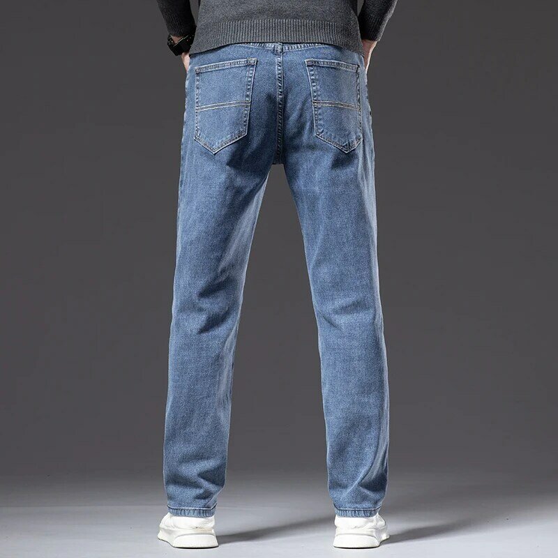 Большие размеры 40, 42, 44, осенние мужские синие прямые свободные джинсы, деловые повседневные хлопковые Стрейчевые джинсовые штаны, мужские брендовые