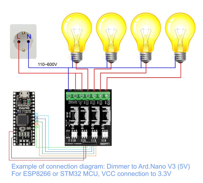 AC Light Dimmer Module, 4 Channel, 3.3V/5V logic, AC 50/60hz, 110V~400V, 10A per channel