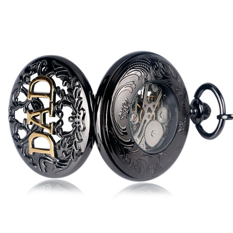 Reloj de bolsillo mecánico con diseño de papá para hombre, caja hueca negra Steampunk, bobinado a mano, cadena colgante, regalo para padre