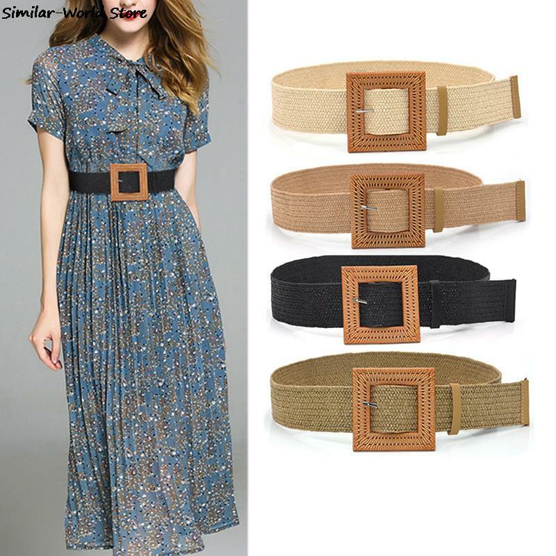 Cinturones elásticos de paja de imitación para verano, cinturilla de paja tejida ajustable con hebilla cuadrada, cinturones bohemios para Vestido de playa