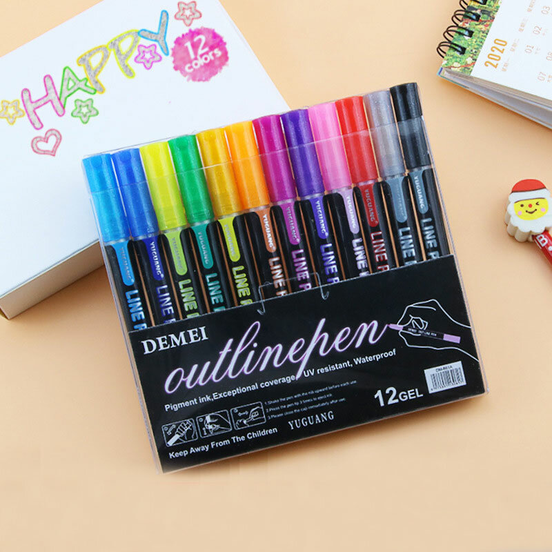 12 kolorów/zestaw podwójna linia długopis fluorescencyjny brokat Marker pióro do rysowania zarys pióro biurowe do malowania sztuka DIY rzemiosło Doodling